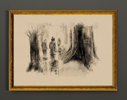 Limited Edition Quicksand 11x14 signed print in a thin gold frame on a dark gray wall