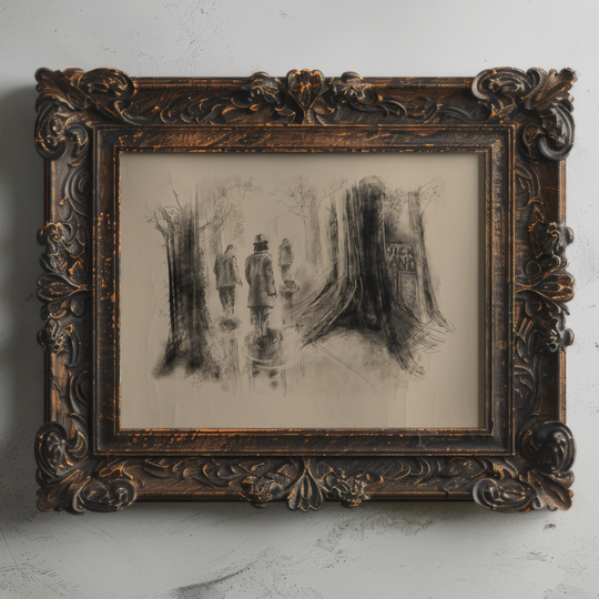Quicksand Trio Fine Art Print in an antique baroque gold frame, charcoal sketch of three figures sinking among trees
