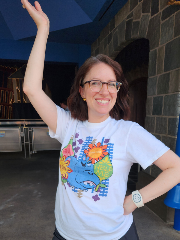 customer wearing the hippo shirt