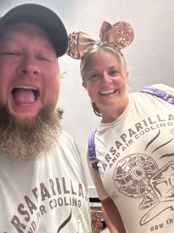 Two customers wearing the Sarsaparilla shirts