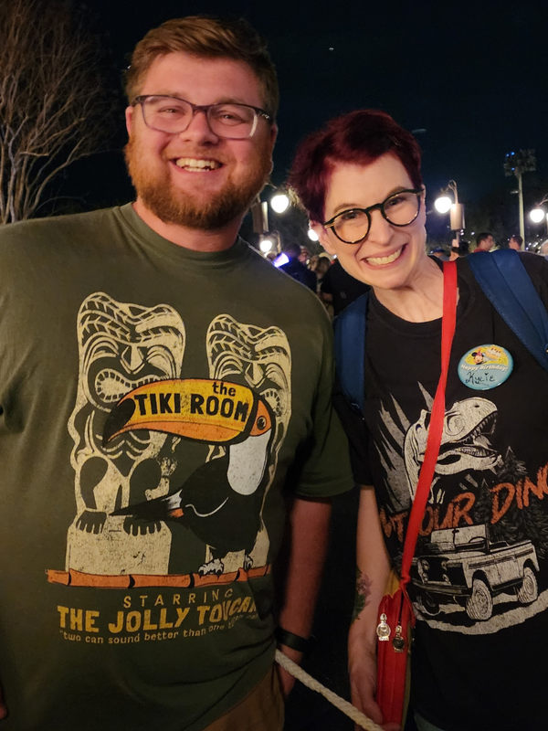 customer with kylie wearing the tiki room shirt