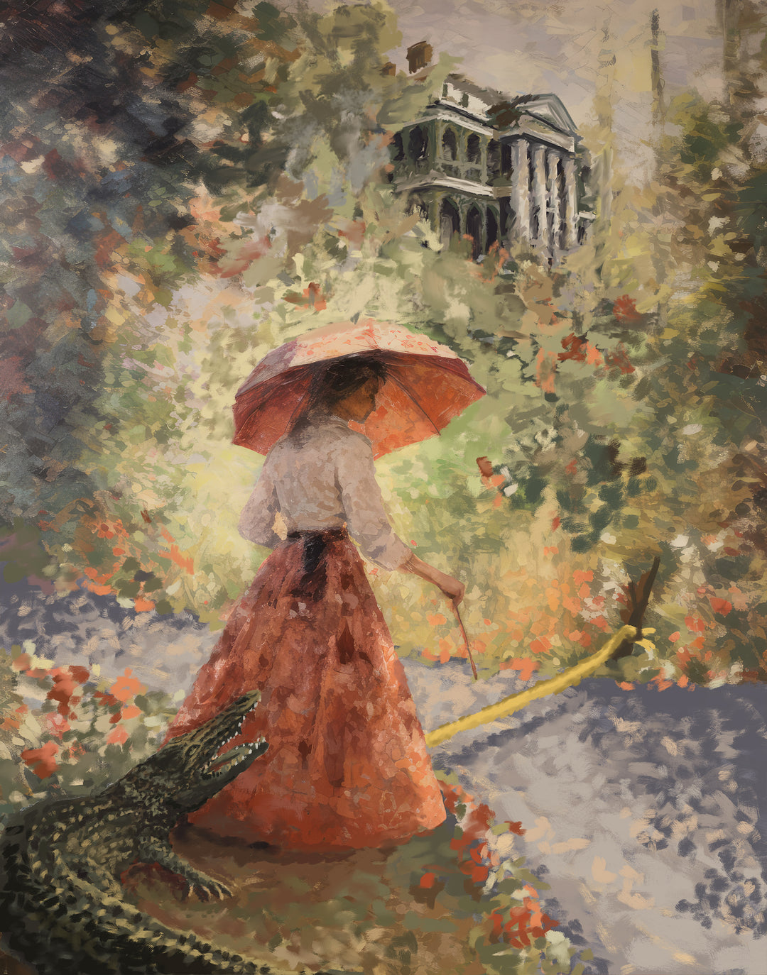 Sally Slater Fine Art Print, alternate version with a grey Haunted Mansion in the trees above the parasol girl