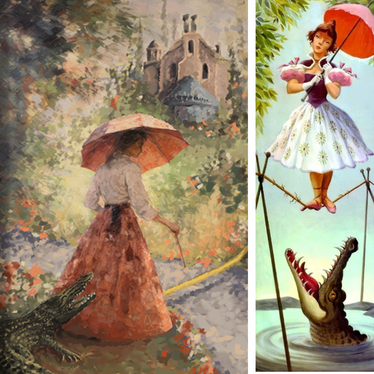 Sally Slater Fine Art Print shown beside the original Haunted Mansion stretching room tightrope portrait