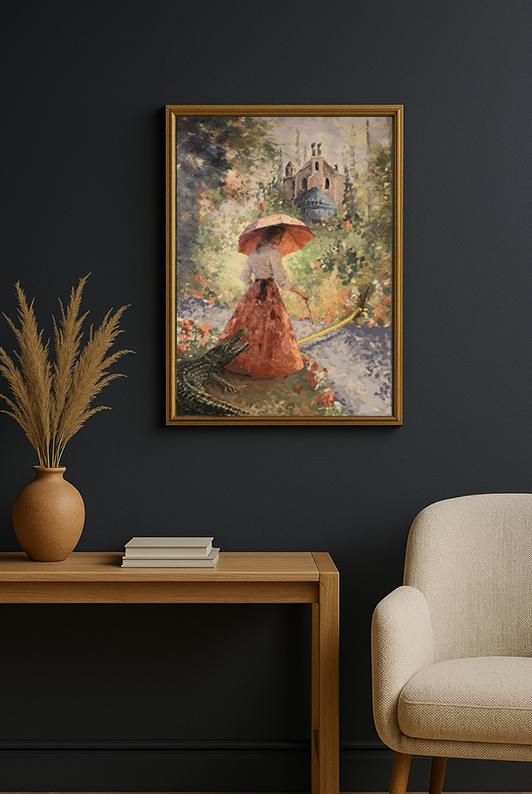 Sally Slater Fine Art Print in a gold frame hanging on a dark wall above a wooden console and beside a cream chair