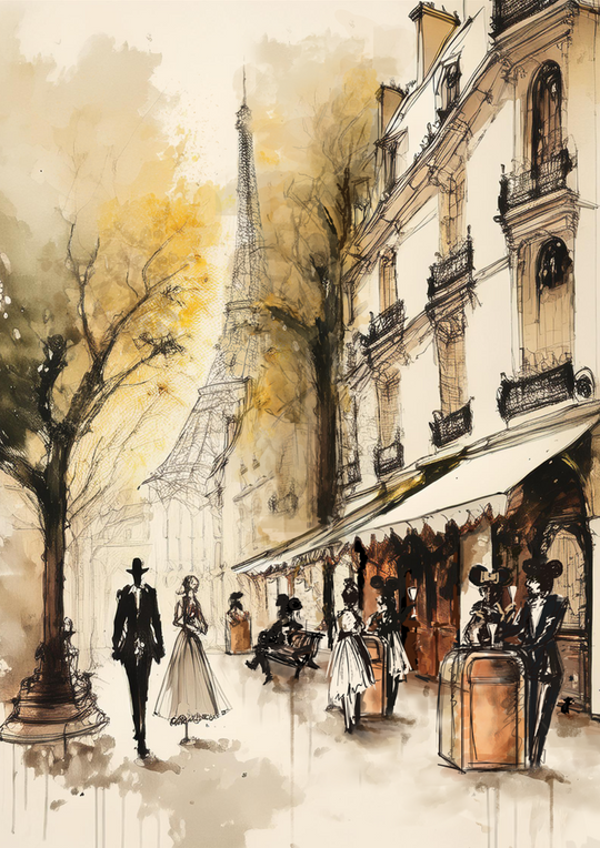 Epcot Trash Can Dining Fine Art Print unframed, watercolor of the France pavilion with diners at trash can tables