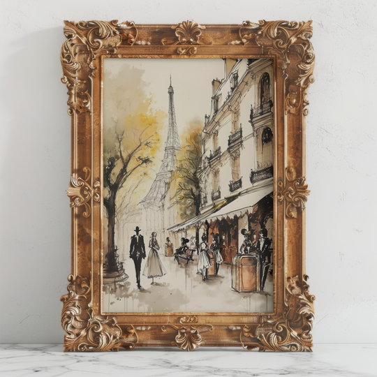 Epcot Trash Can Dining Fine Art Print in an ornate gold baroque frame, leaning against a pale concrete wall