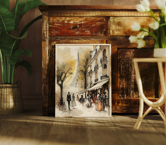 Epcot Trash Can Dining Fine Art Print leaning against a rustic wooden cabinet beside a plant on a sunlit floor