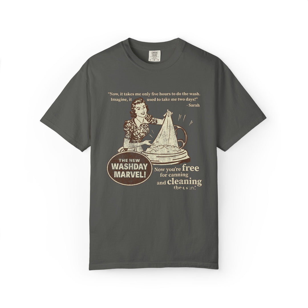 Washday Marvel tee — vintage-ad style Carousel of Progress shirt with a 1940s housewife at her new washing machine, on a Comfort Colors pepper tee