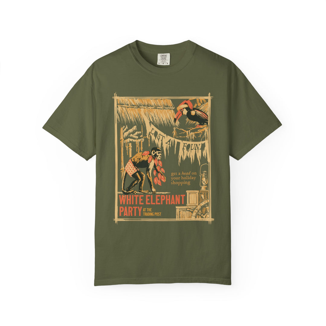 White Elephant Party Jungle Cruise Christmas Shirt in Hemp, front view of the trading post poster design