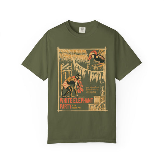 White Elephant Party Jungle Cruise Christmas Shirt in Hemp, front view of the trading post poster design