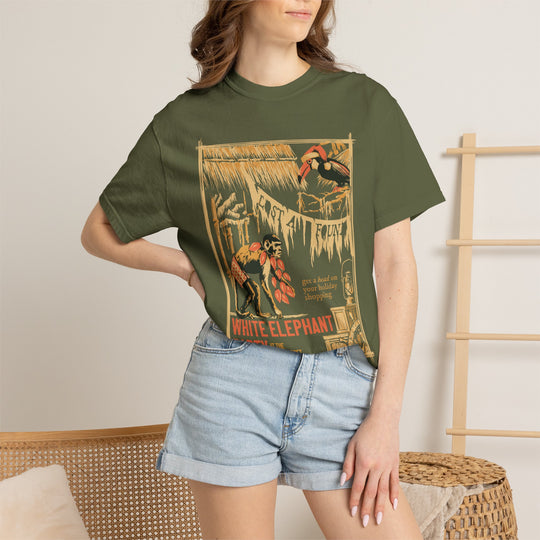 White Elephant Party Jungle Cruise Christmas Shirt worn by a woman in denim shorts, front view