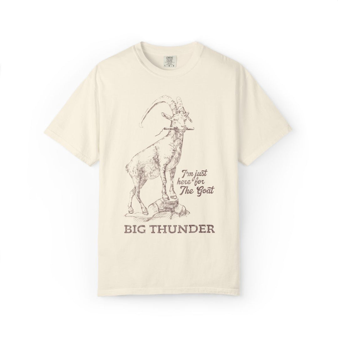 Big Thunder Goat Tee in Ivory, front flat lay of the Big Thunder Mountain goat illustration in brown ink