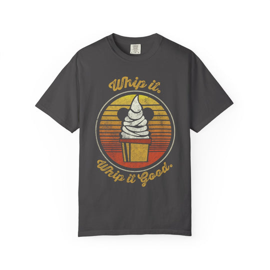 Dole Whip Tee in Graphite, front flat lay of the retro sunset Dole Whip print