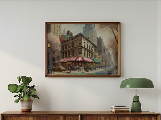 Muppet PizzeRizzo Fine Art Print framed on a wall above a wood console with a plant and green lamp